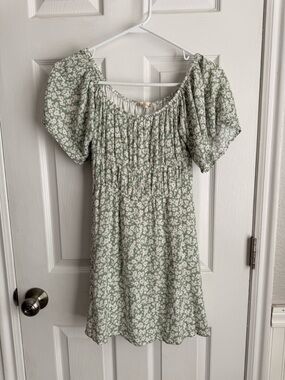 Altar'd State Sage Green Floral Puff-Sleeve Mini Dress